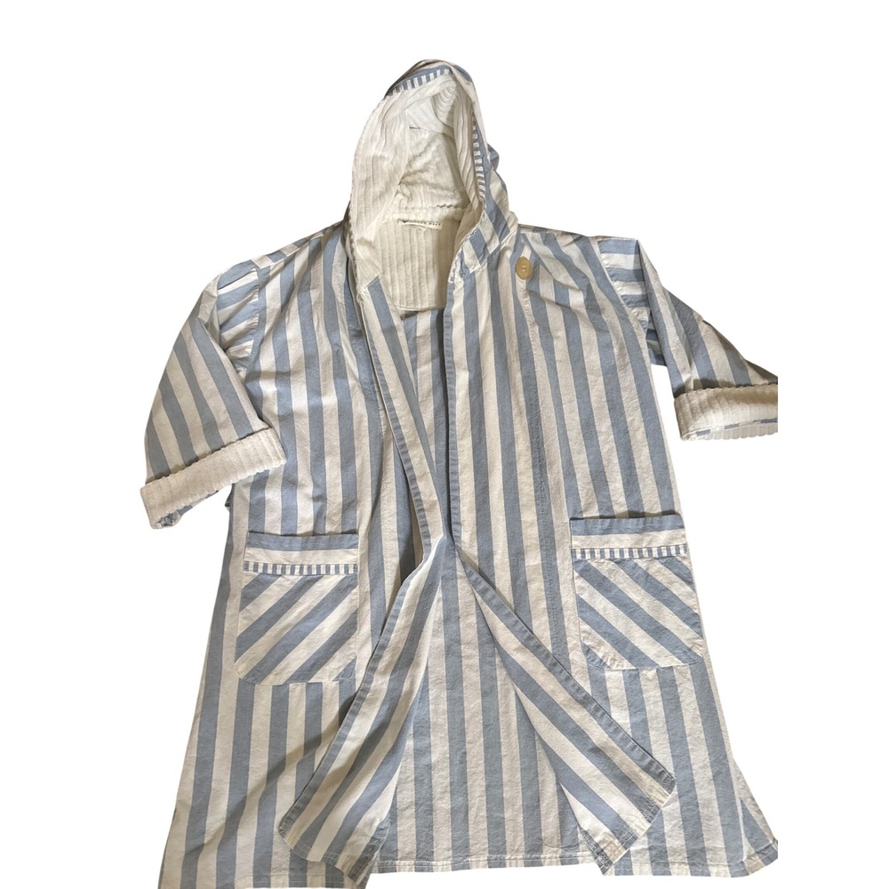 Eileen West Vintage Hooded Robe Blue White Stripe Large USA Made -No Belt